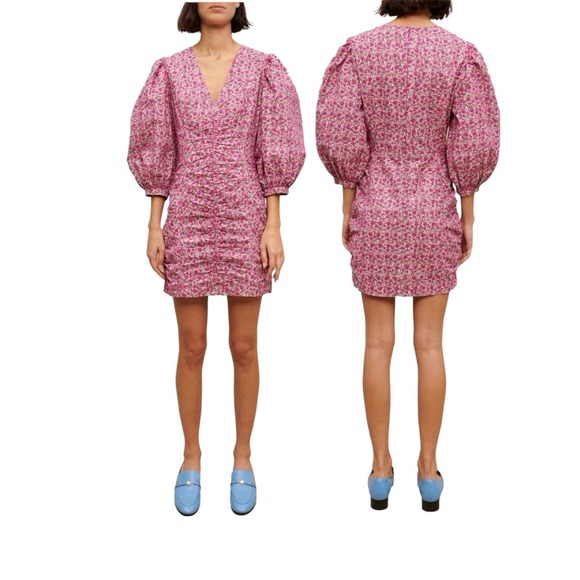 Maje Dresses & Skirts - Maje Ryad Floral Puff Sleeve Ruched Mini Dress Fuchsia Pink Cotton Sz 38 US 6